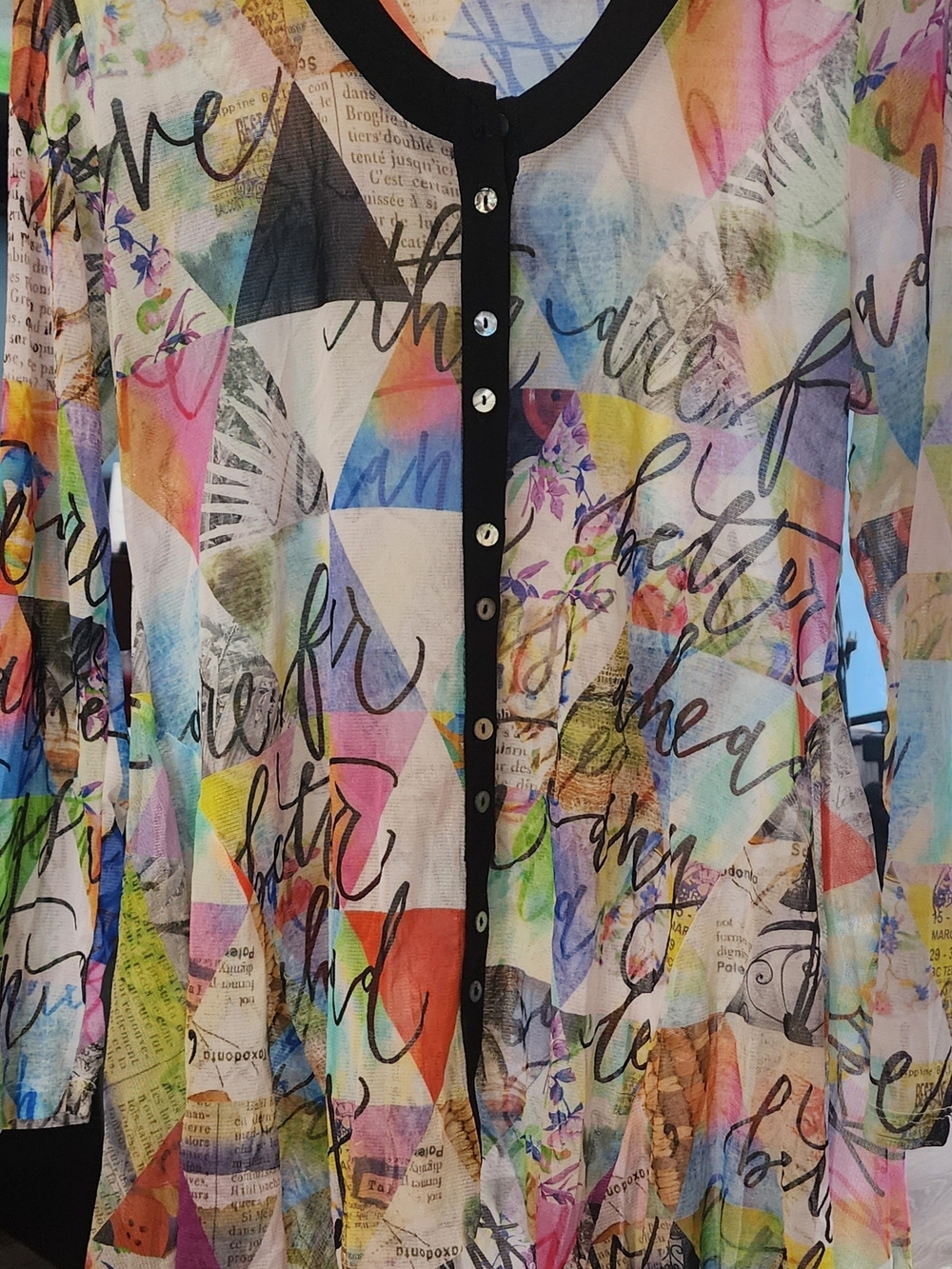 Michael Tyler Women’s Multicolor Geometric & Script Button-Front Blouse Sz XL